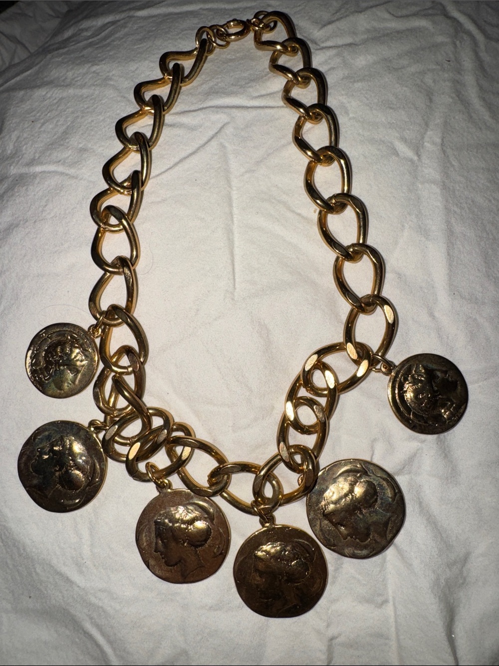 Gold Coin Charm Link Necklace - Women's Gold Tone Statement
